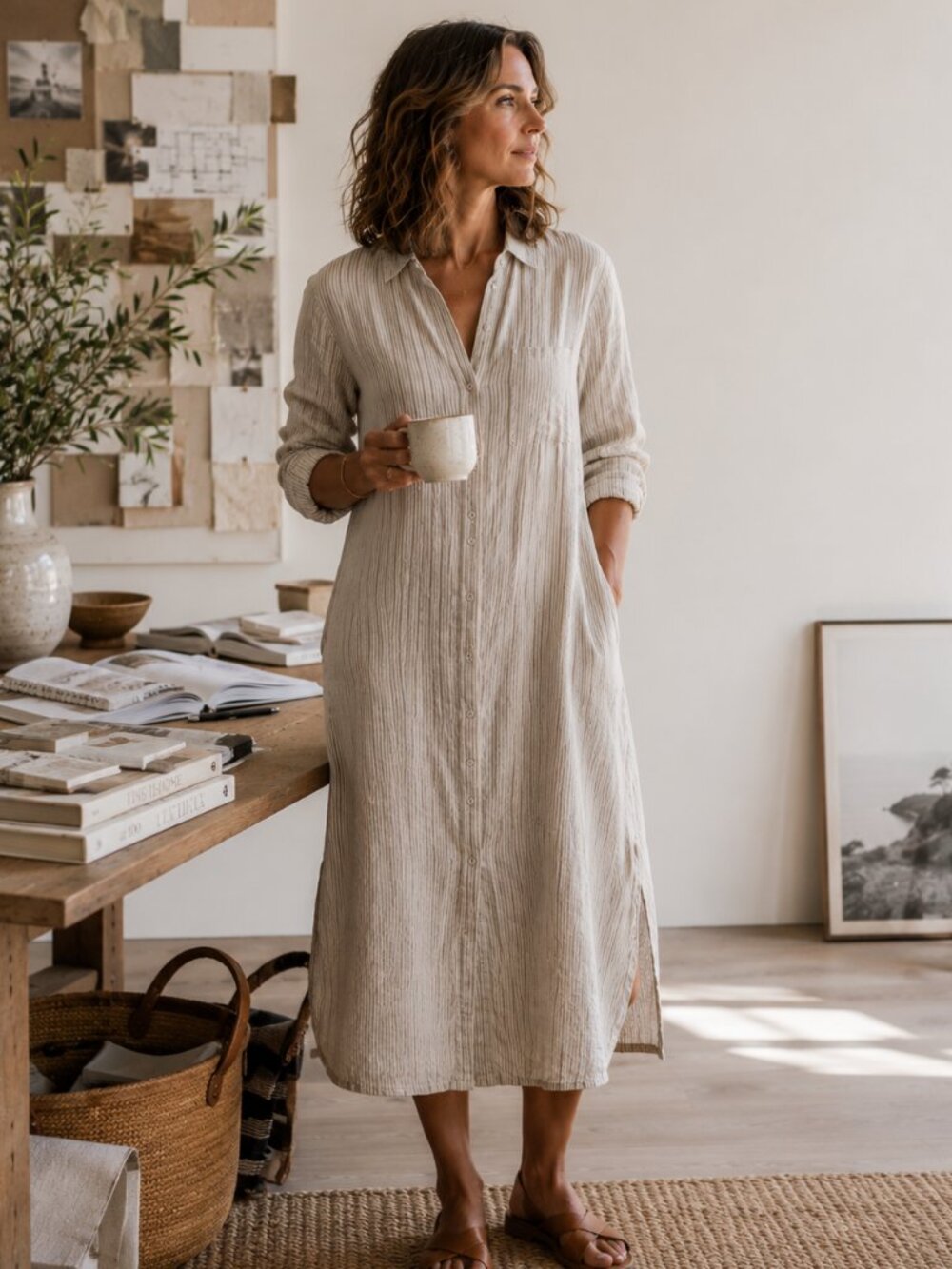 Faherty Golden Stripe Linen Maxi Shirtdress Neutral Capsule Wardrobe XS Designer